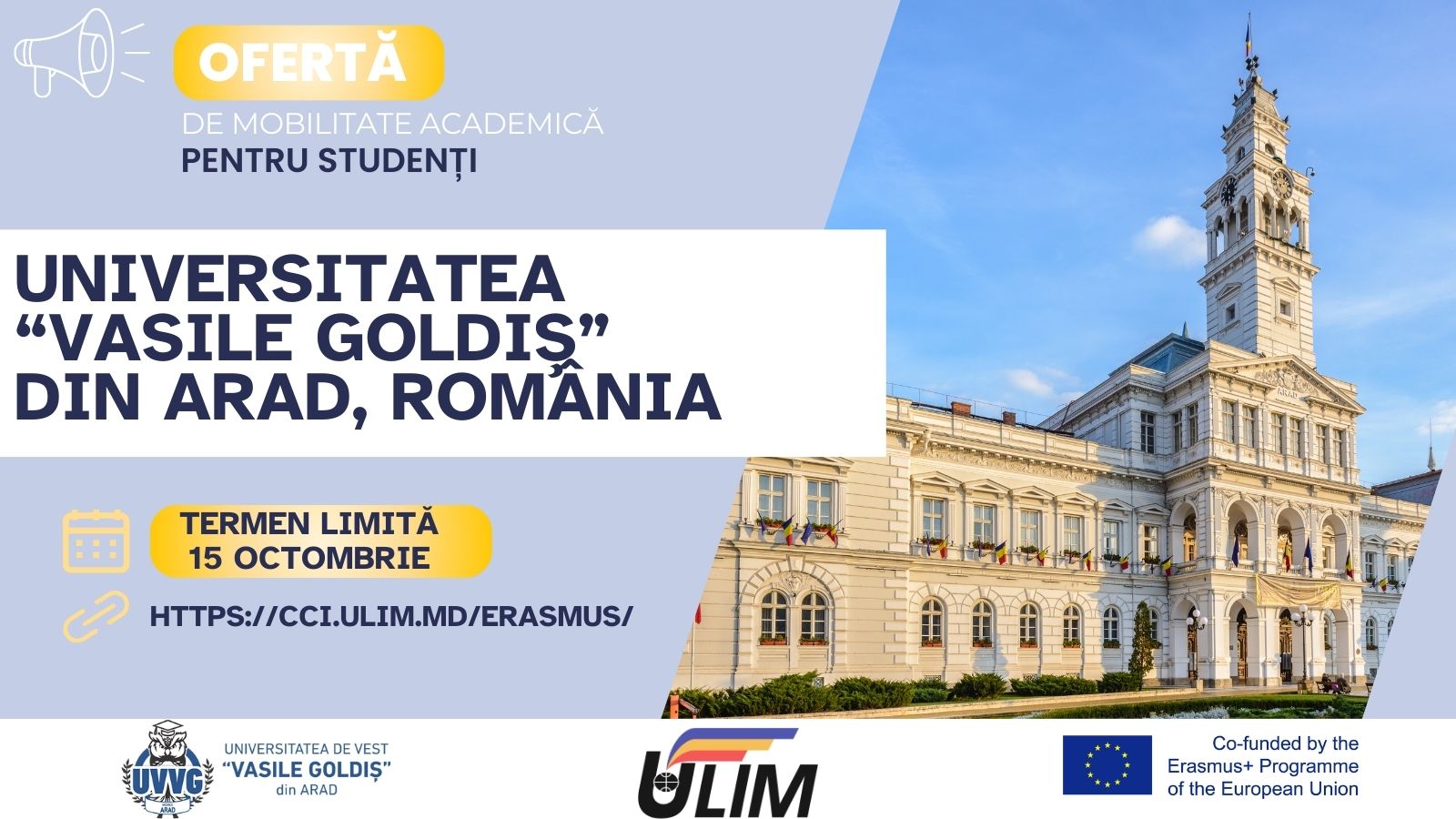 Descoperă noi orizonturi academice: mobilitate academică pentru studenții ULIM la “Universitatea Vasile Goldiș” din Arad.