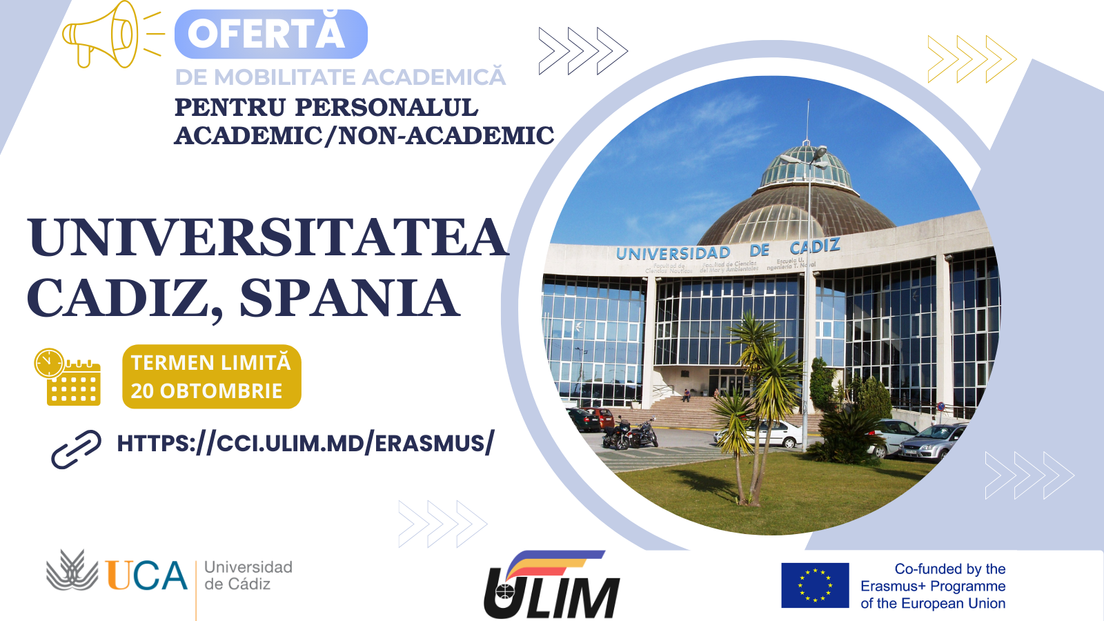 Ofertă de mobilitate academică pentru personalul academinc și non-academic ULIM – Universitatea Cadiz din Spania!